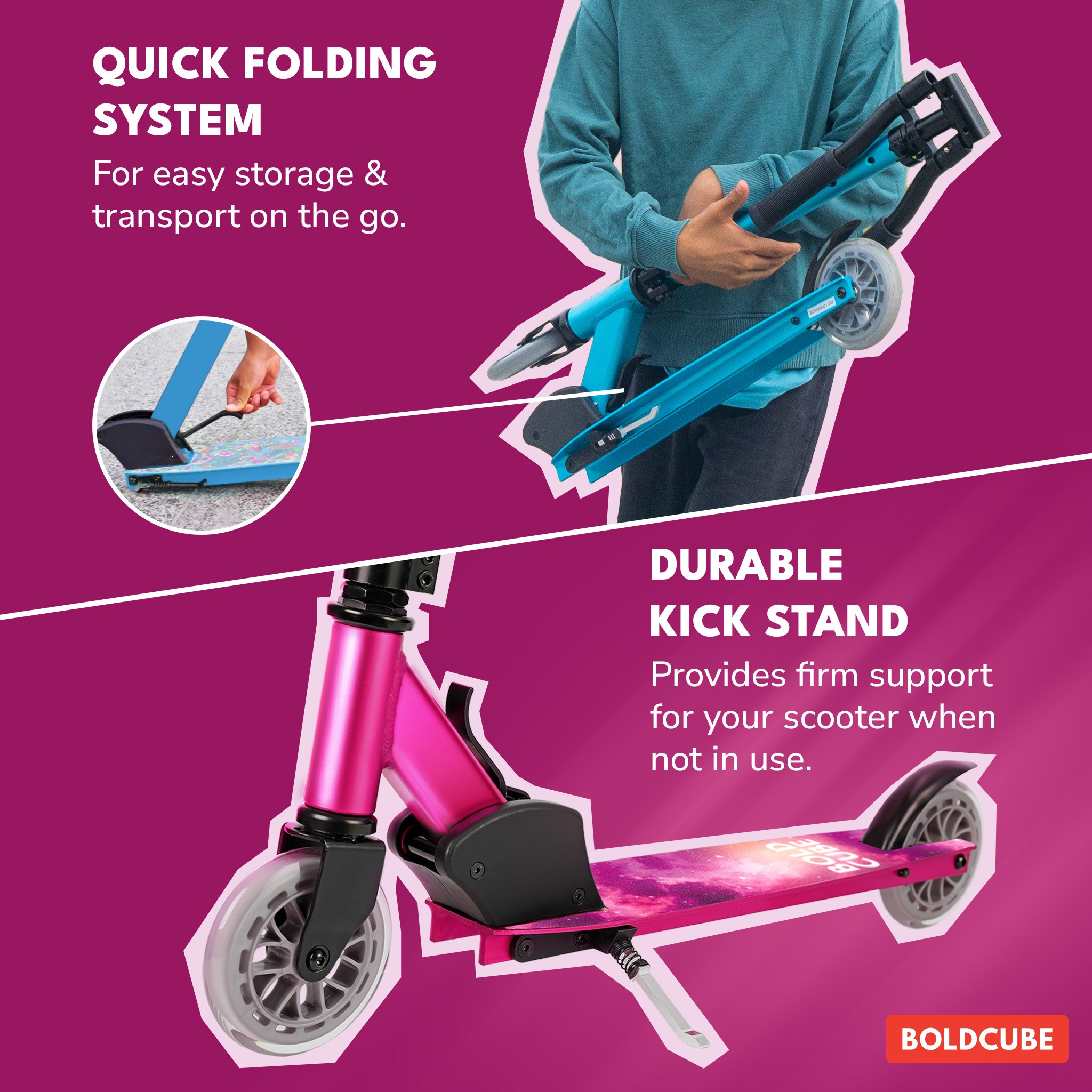 BOLDCUBE Deluxe 2 Wheel, fuschia: quick folding and kick stand