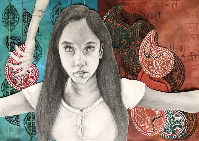 Mixed media self-portrait: graphite pencil with linocut and linoleum print paisley elements, composed in Illustrator