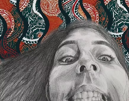 Self-portrait colored pencil drawing with paisley pattern background