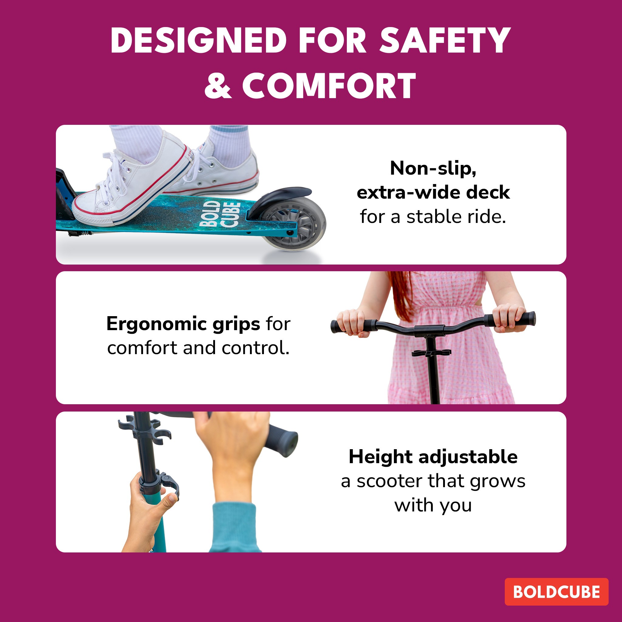 BOLDCUBE Deluxe 2 Wheel, fuschia: designed for safety and comfort