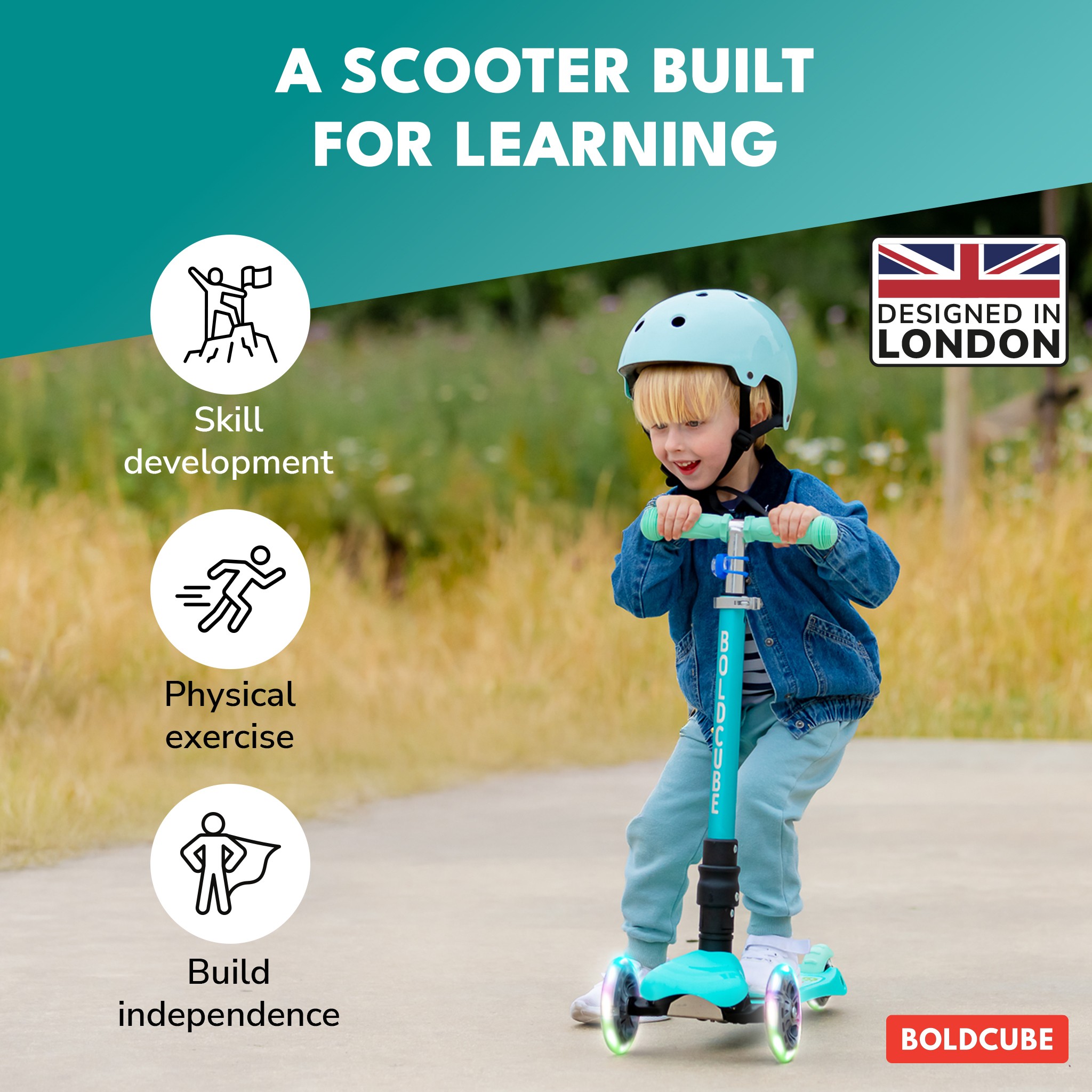 BOLDCUBE Teeny Fold, aqua: a scooter built for learning